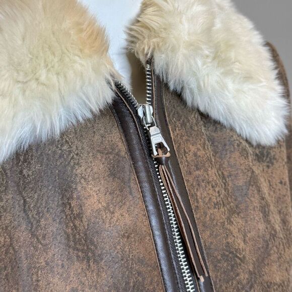 Express vintage Y2K brown leather faux fur lined zip up jacket size 8 - Picture 11 of 13